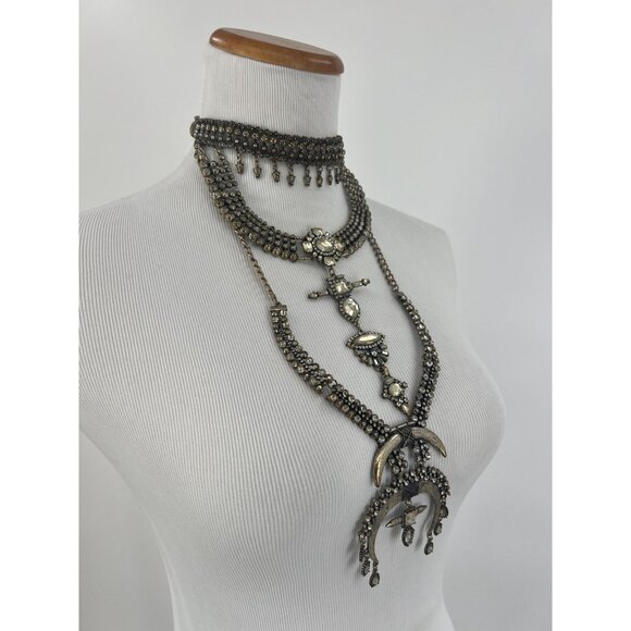 Free People Multilayered Antiqued Silver & Rhinestone Necklace - Picture 14 of 16